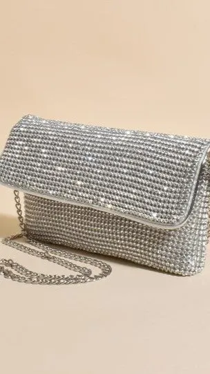 Malia Foldover Diamante Clutch - Silver