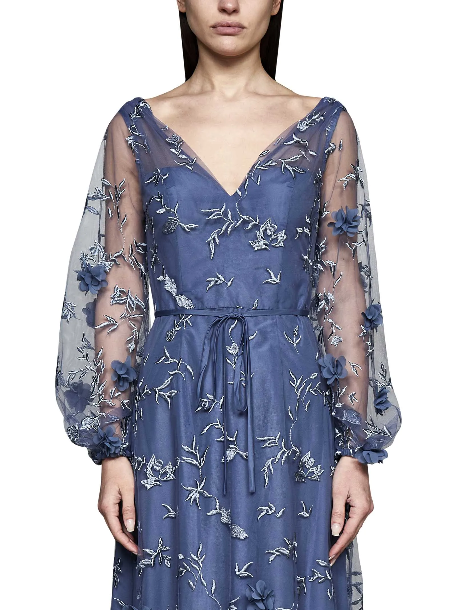 Marchesa Notte Allover Floral Embroidered Tulle Gown