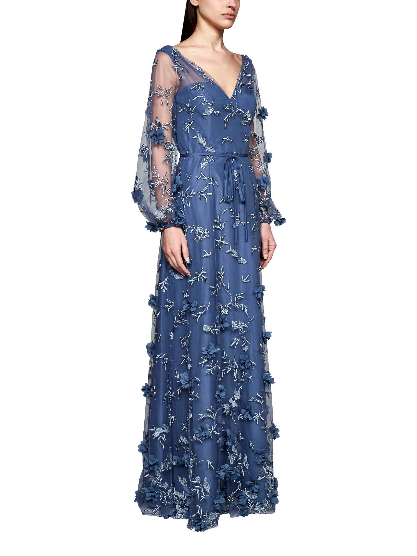 Marchesa Notte Allover Floral Embroidered Tulle Gown