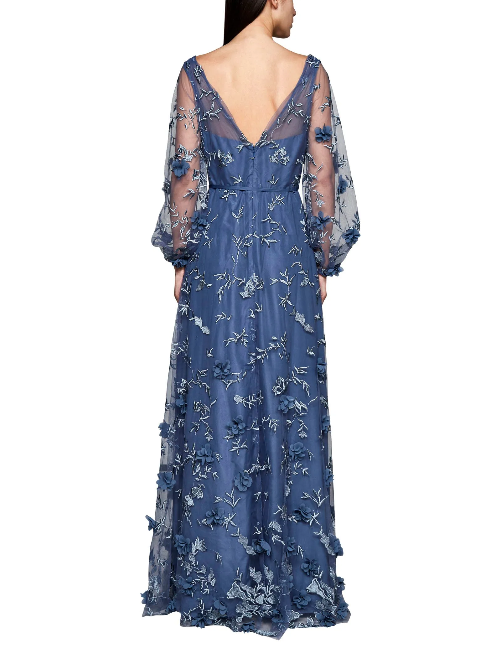 Marchesa Notte Allover Floral Embroidered Tulle Gown