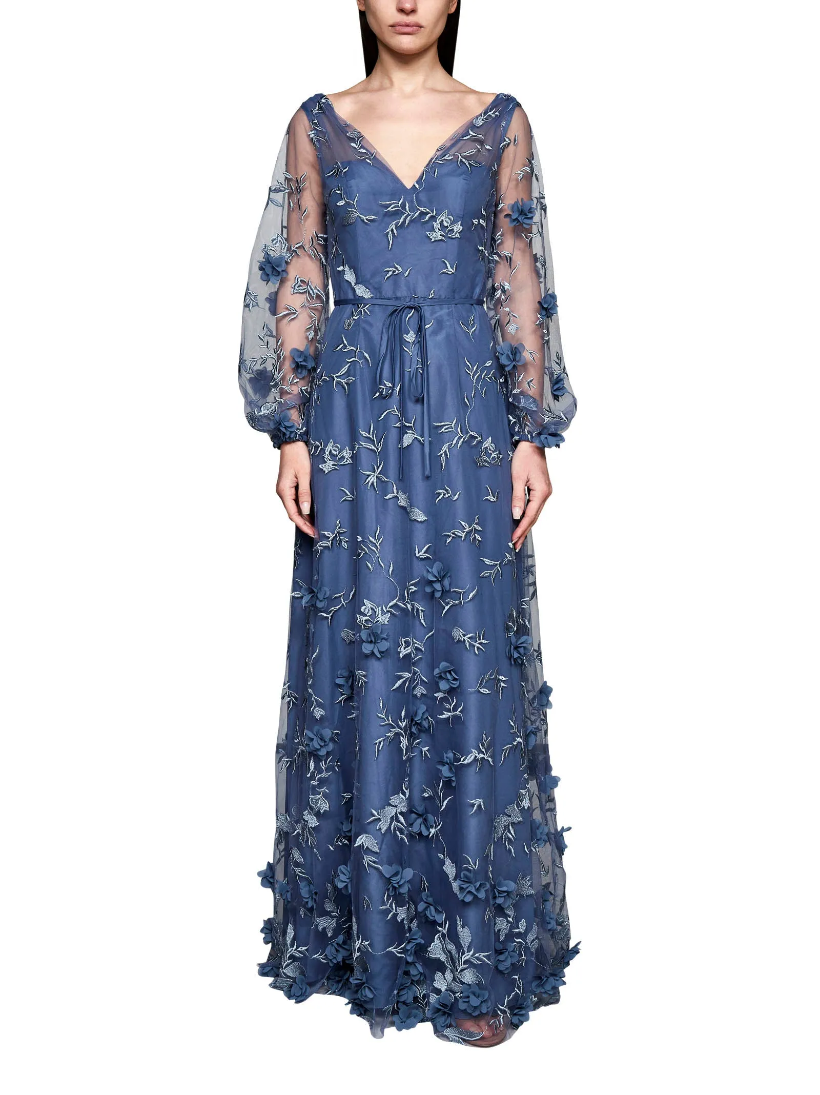Marchesa Notte Allover Floral Embroidered Tulle Gown