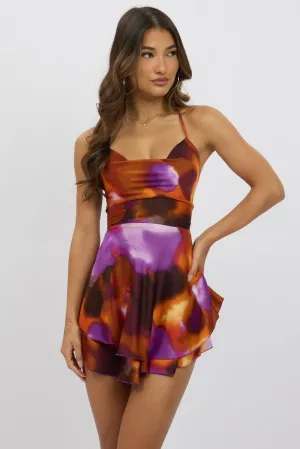 Multi Abstract Ruffle Playsuit Open Back