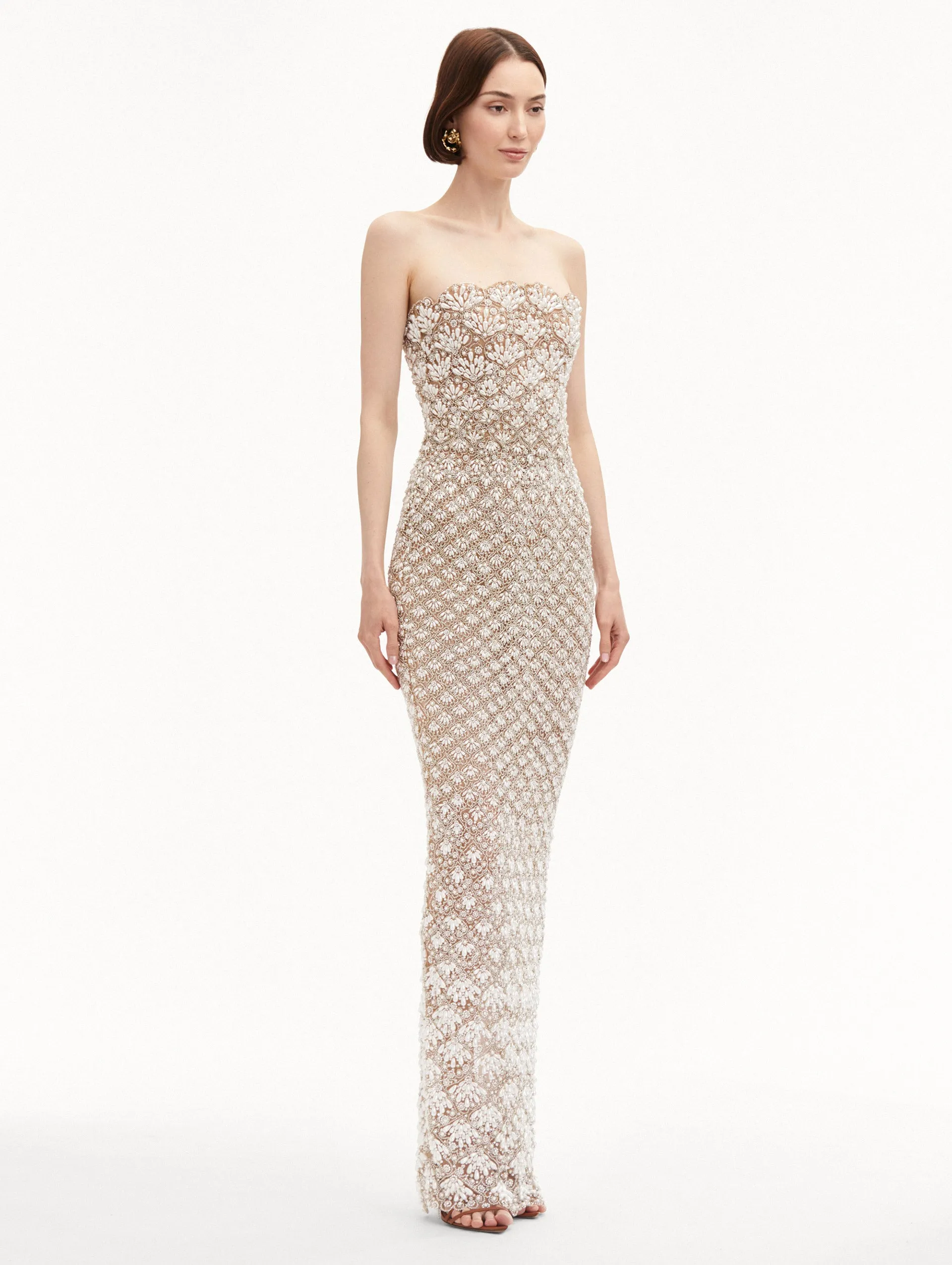 Pearl Embroidered Scallop Gown