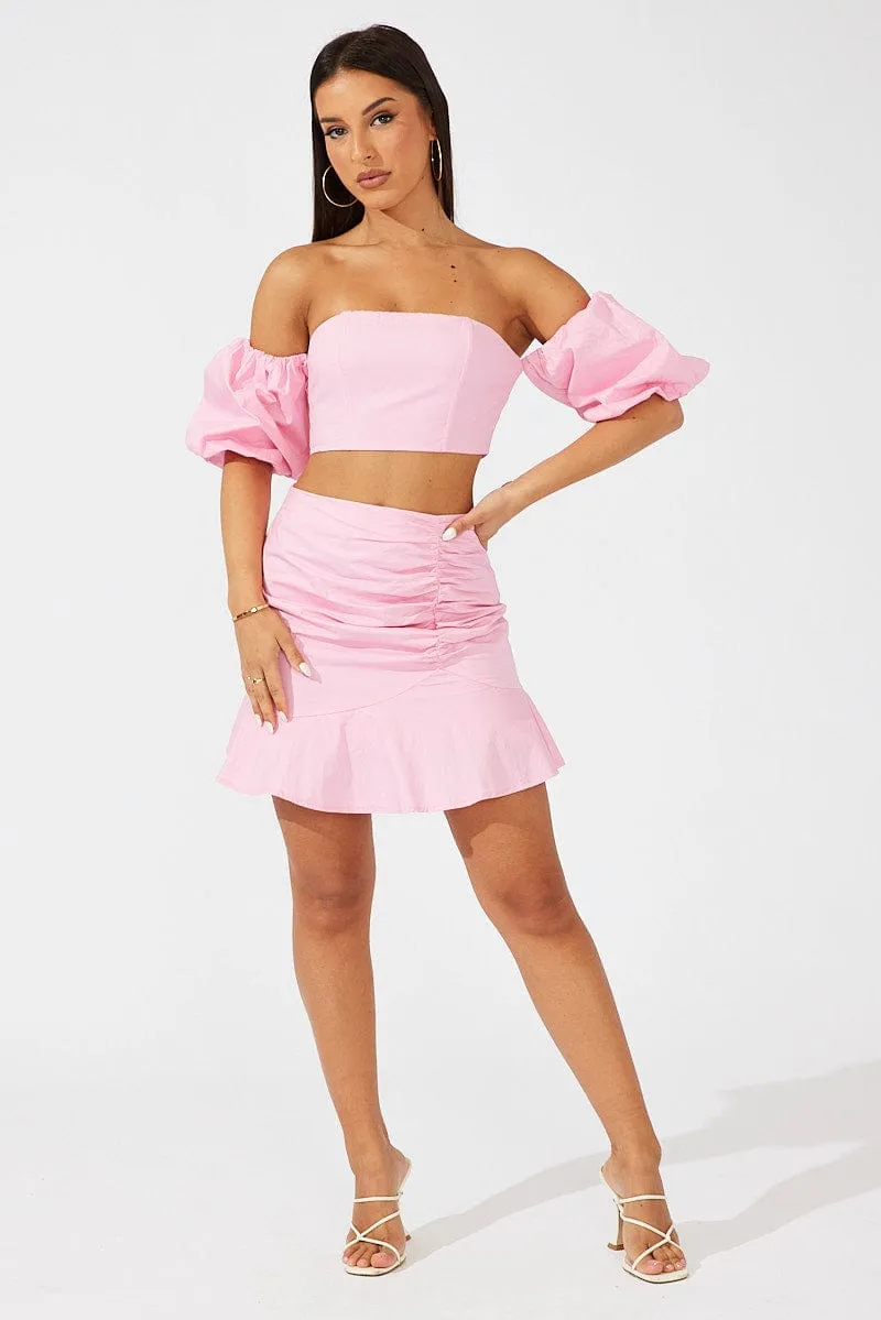 Pink Mini Skirt Ruched Detail Ruffle Hem