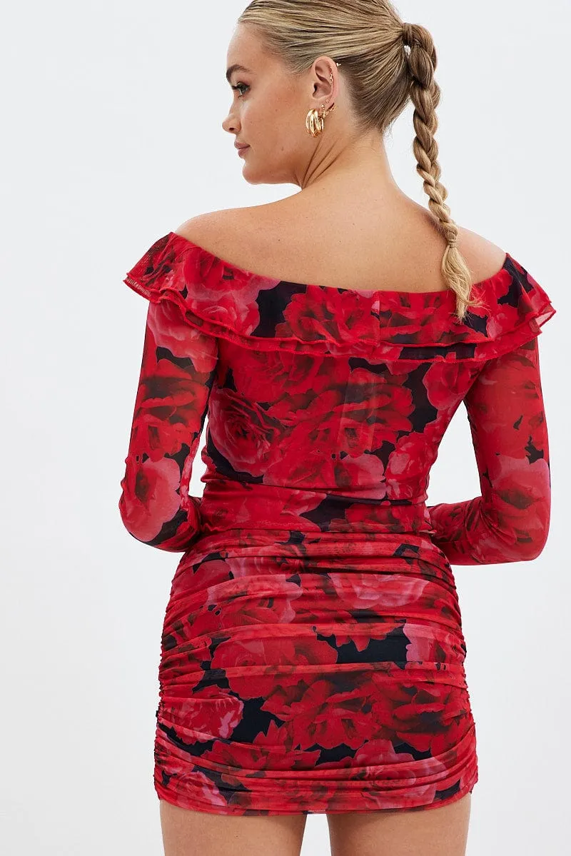 Red Floral Mini Skirt Side Ruched Mid Rise Mesh