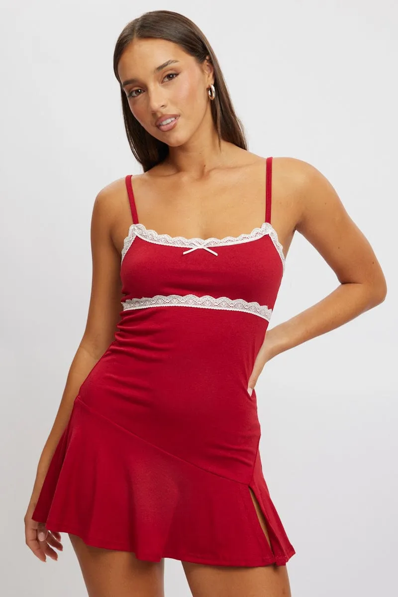 Red Mini Dress Lace Trim