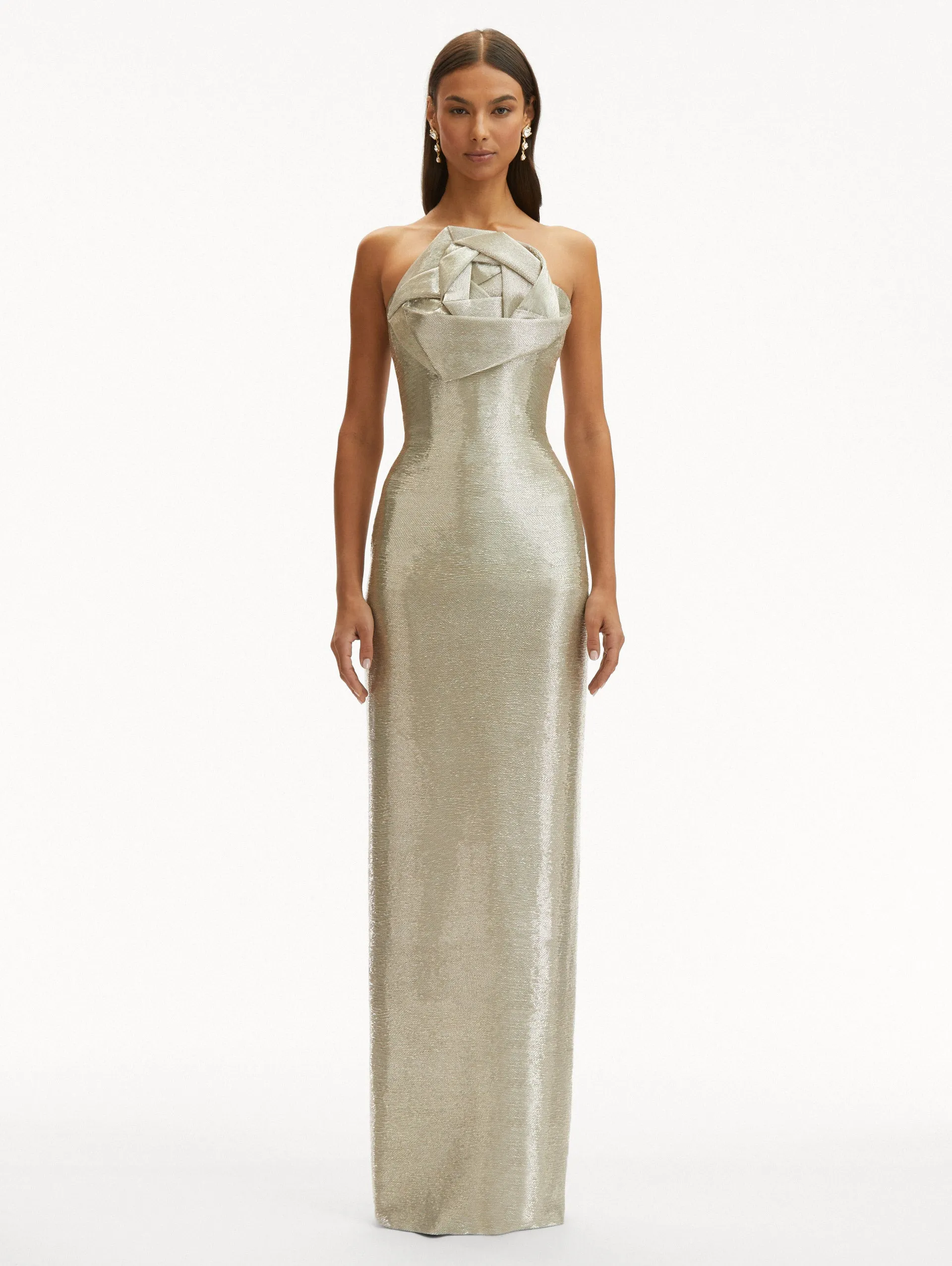 Rosette Bugle Bead Column Gown