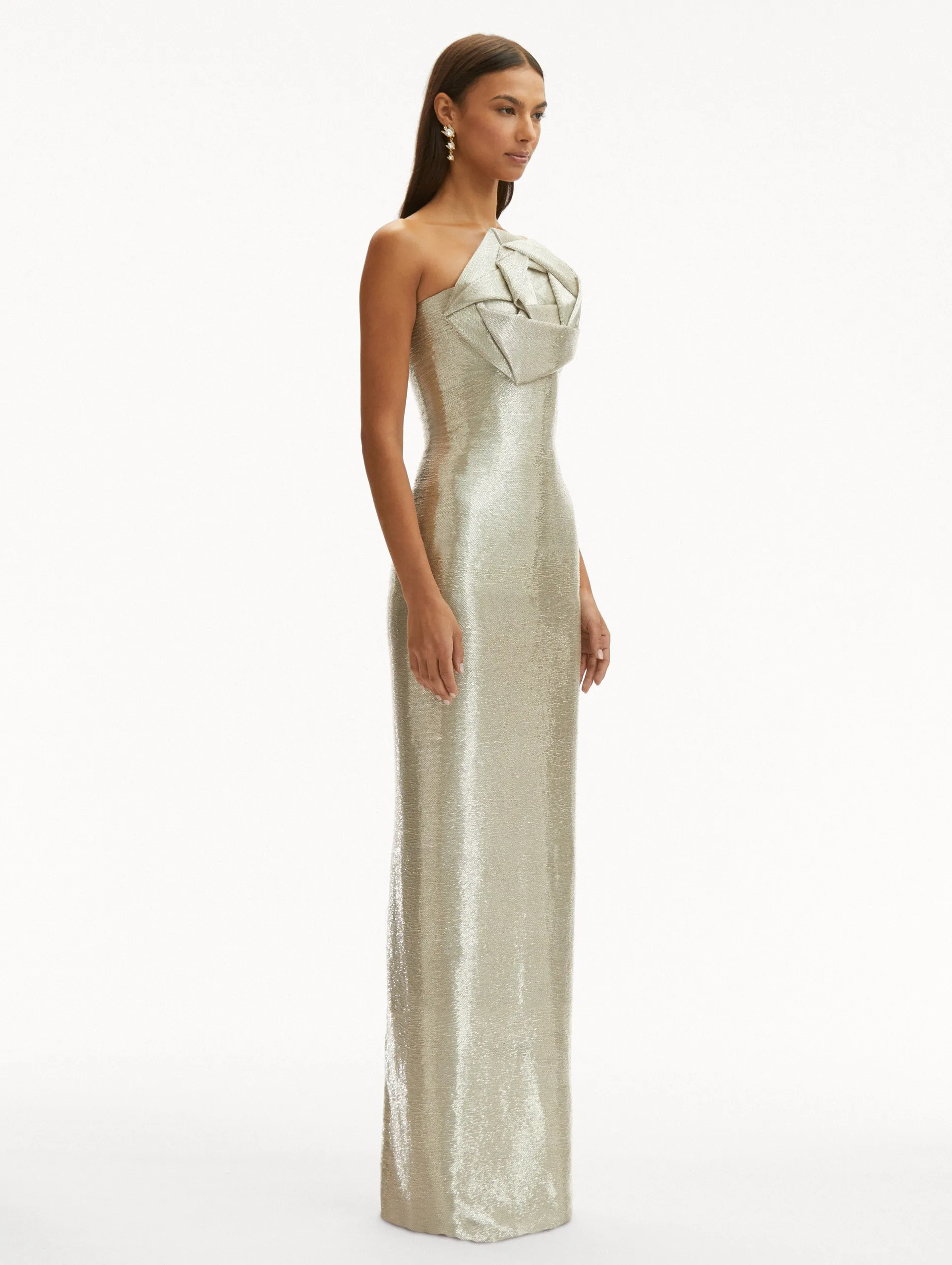 Rosette Bugle Bead Column Gown