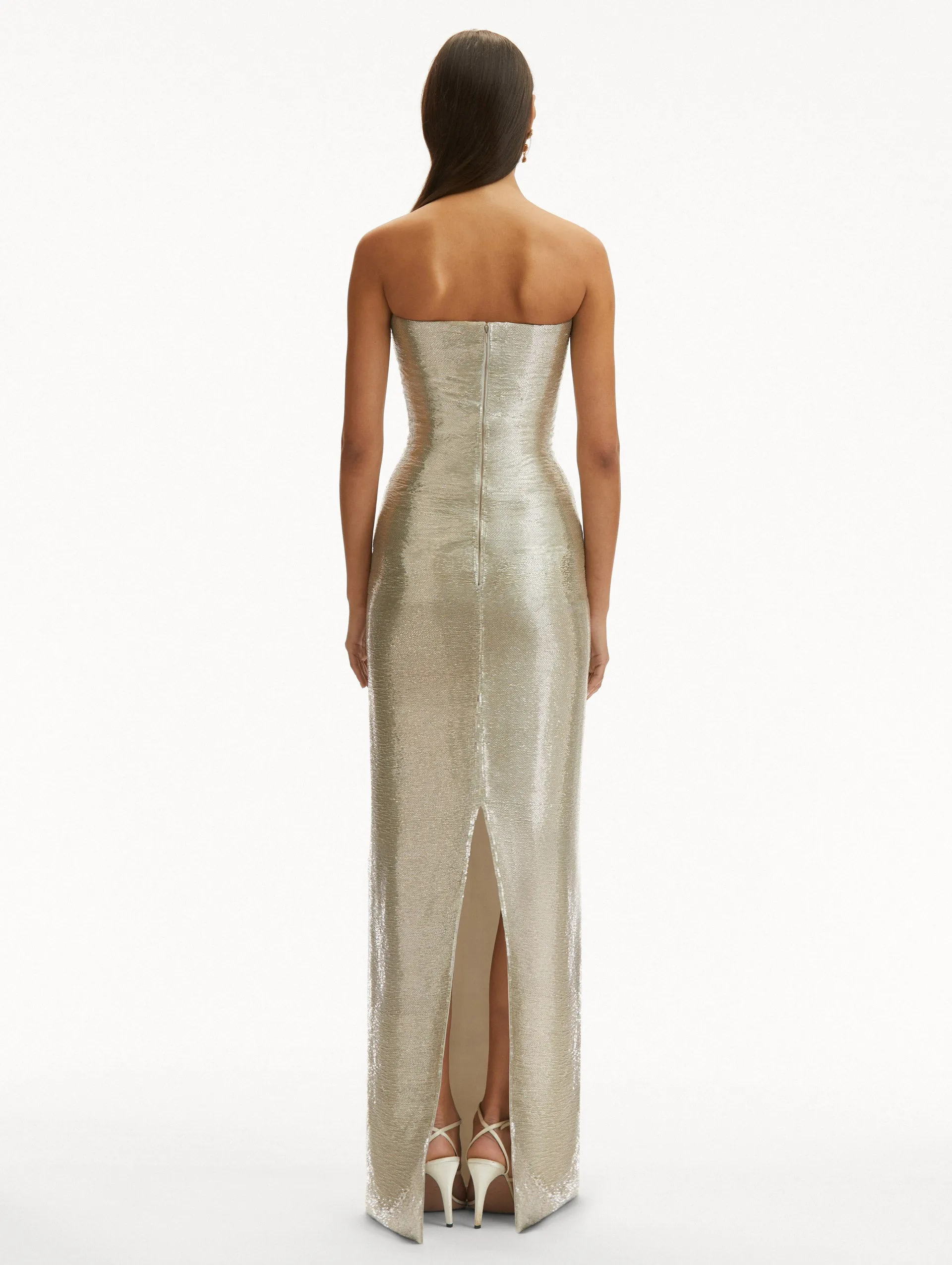 Rosette Bugle Bead Column Gown