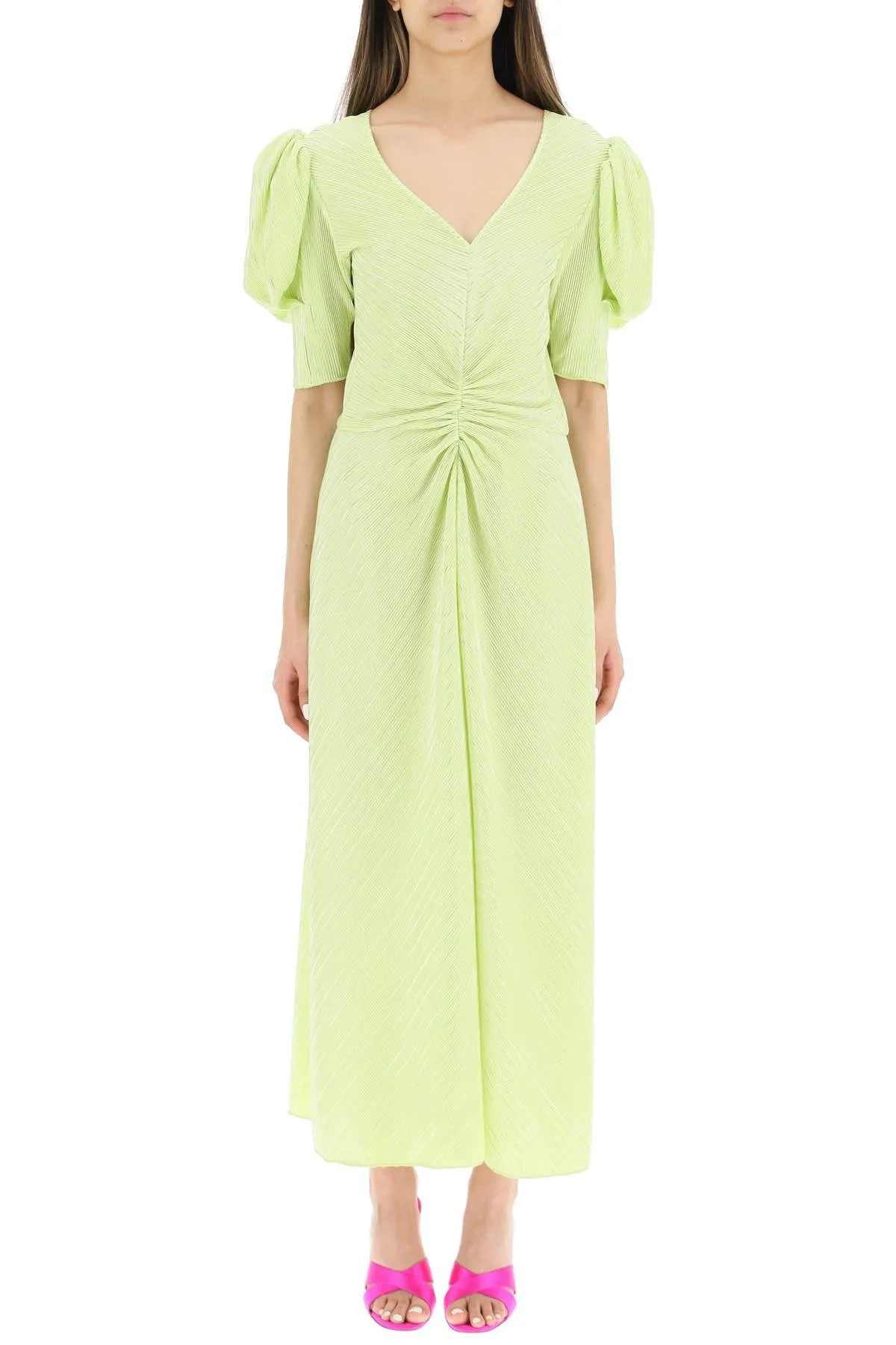 ROTATE V-Neck Ruched Midi Dress