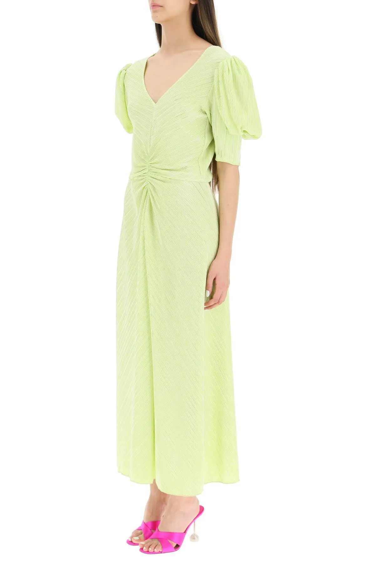 ROTATE V-Neck Ruched Midi Dress