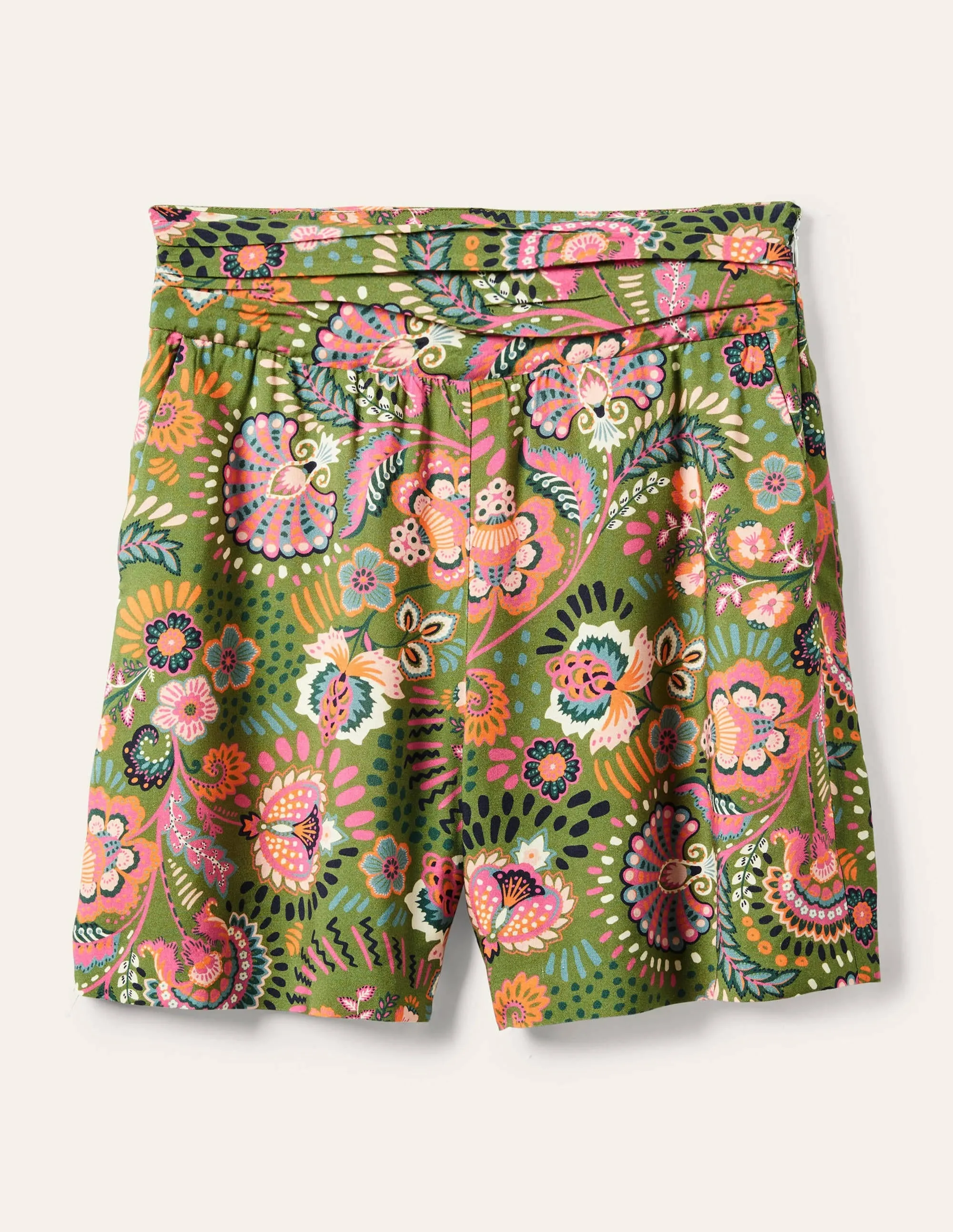 Ruched Waistband Shorts-Pea. Decorative Meadow