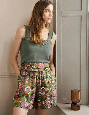 Ruched Waistband Shorts-Pea. Decorative Meadow