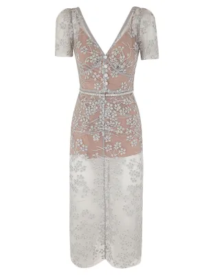 Self-Portrait Blossom-Embroidered Fitted Midi Dress