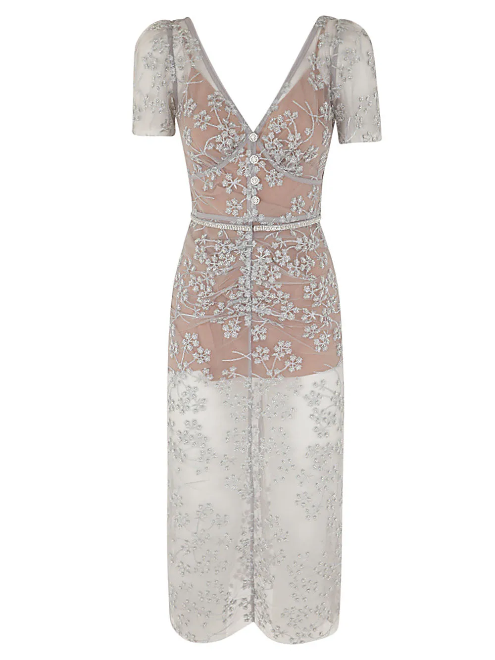 Self-Portrait Blossom-Embroidered Fitted Midi Dress