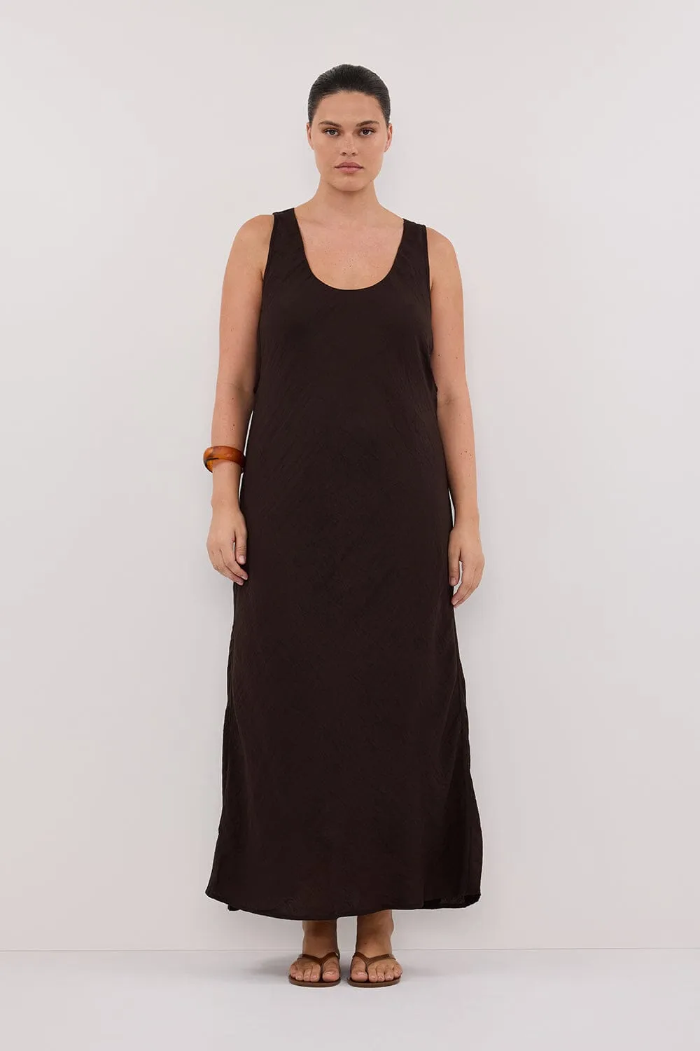 SHILOH BITTER CHOC SCOOP NECK MIDI DRESS