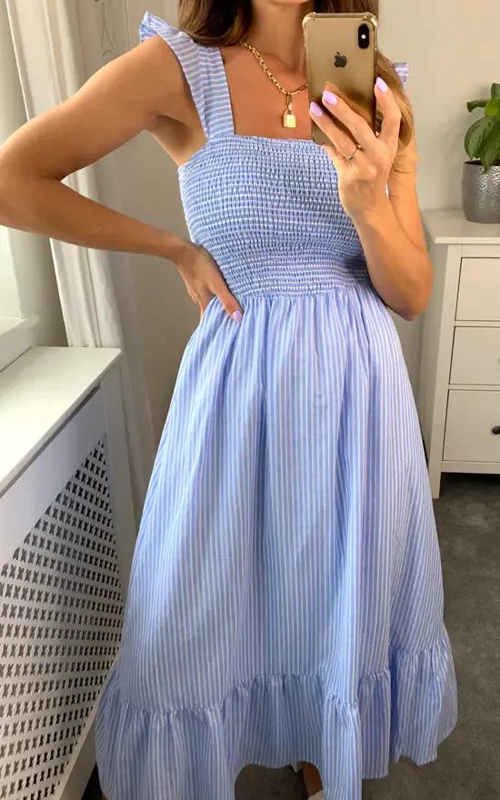 Shirred Blue Stripe Midi Dress