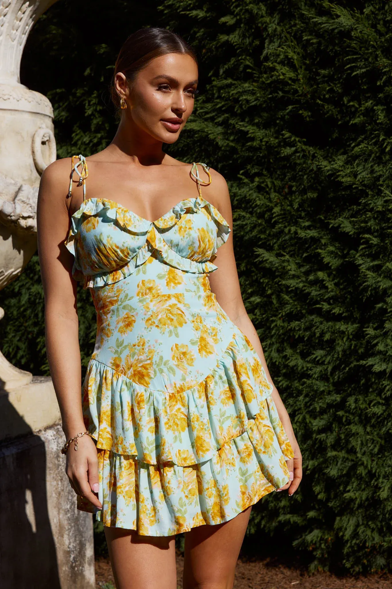 Vacanza Tie Strap Frill Mini Dress Floral Blue/Yellow