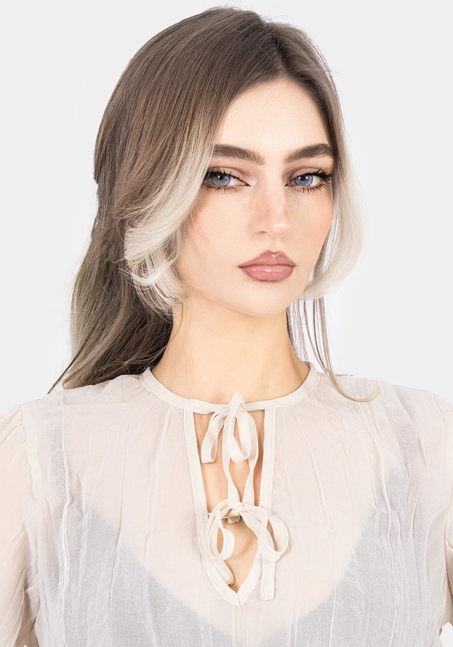 Villain Textured Tie Front Peplum Blouse - White