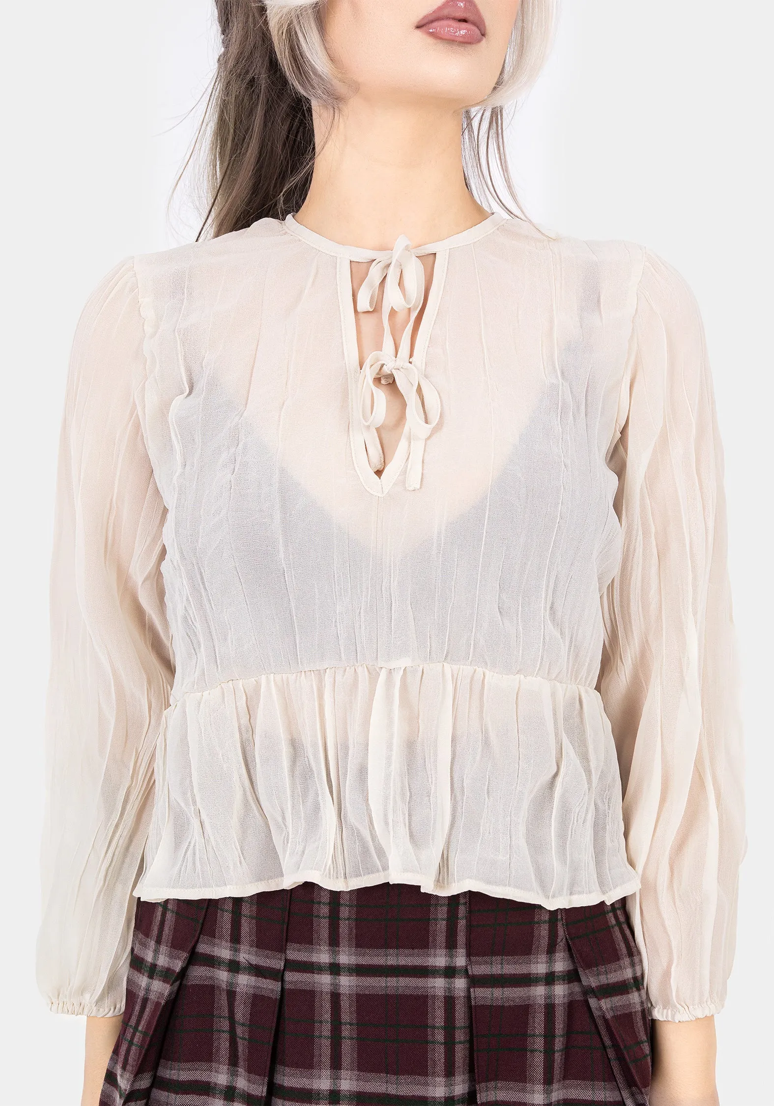 Villain Textured Tie Front Peplum Blouse - White