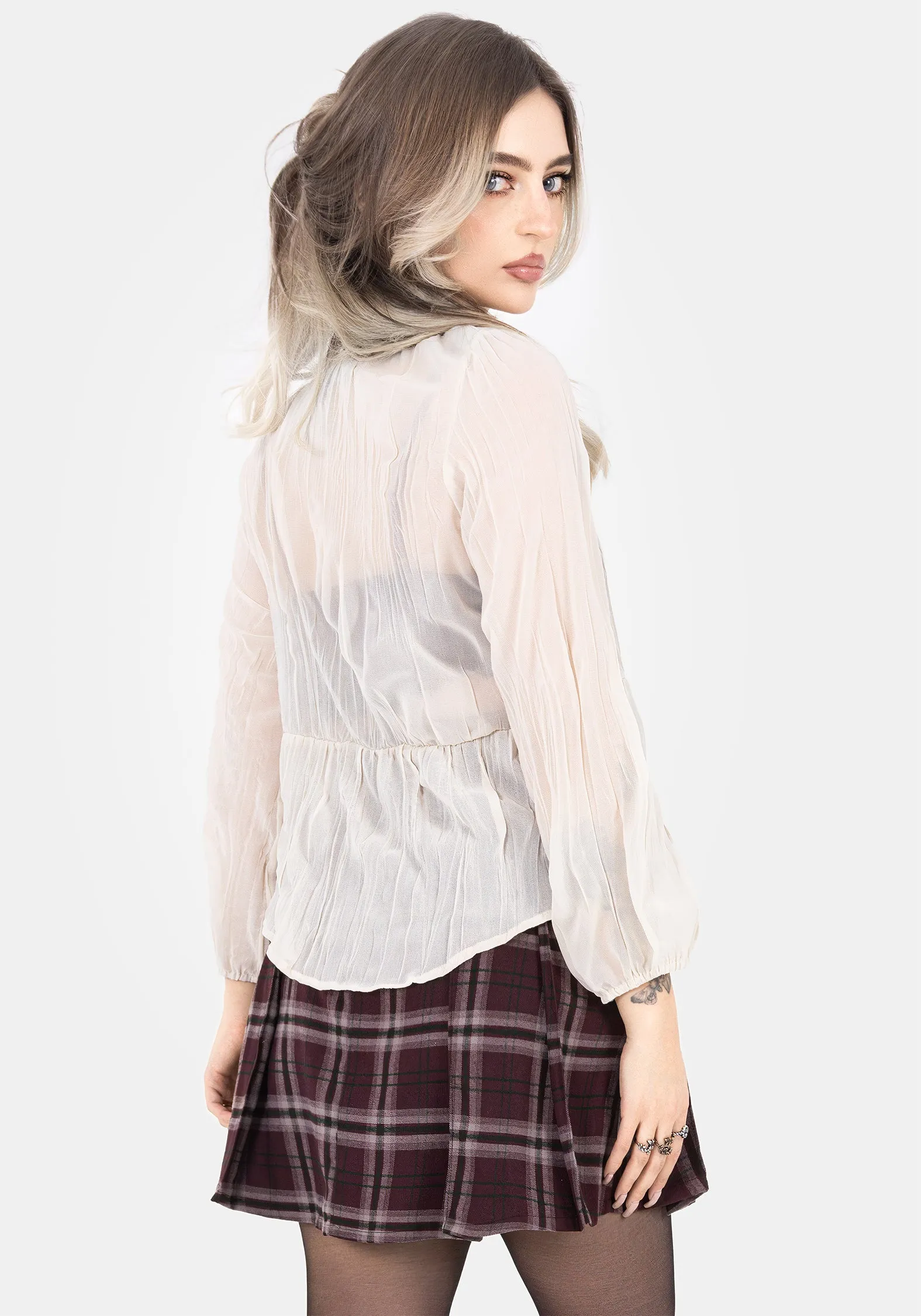 Villain Textured Tie Front Peplum Blouse - White