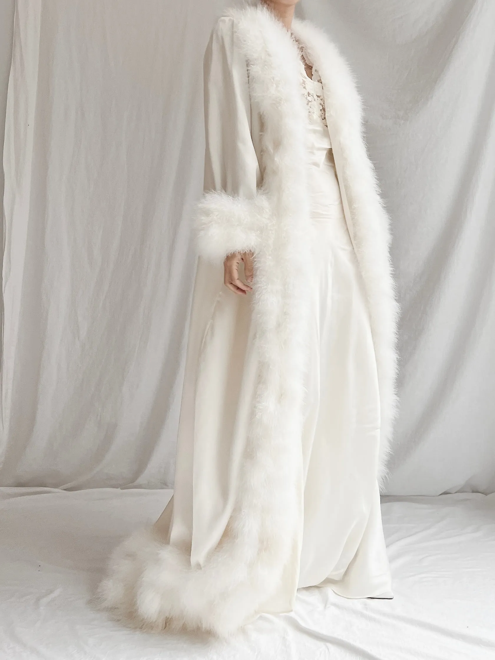 Vintage Claire Sandra Satin Marabou Dressing Gown - OSFM