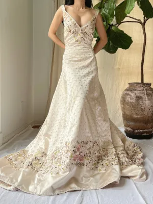 Vintage Eavis and Brown Silk Embroidered  Gown - L