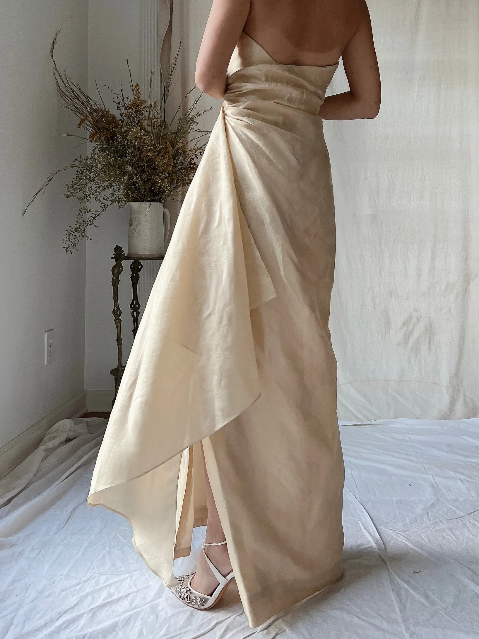 Vintage Eggshell Dupioni Silk Dress - S/4