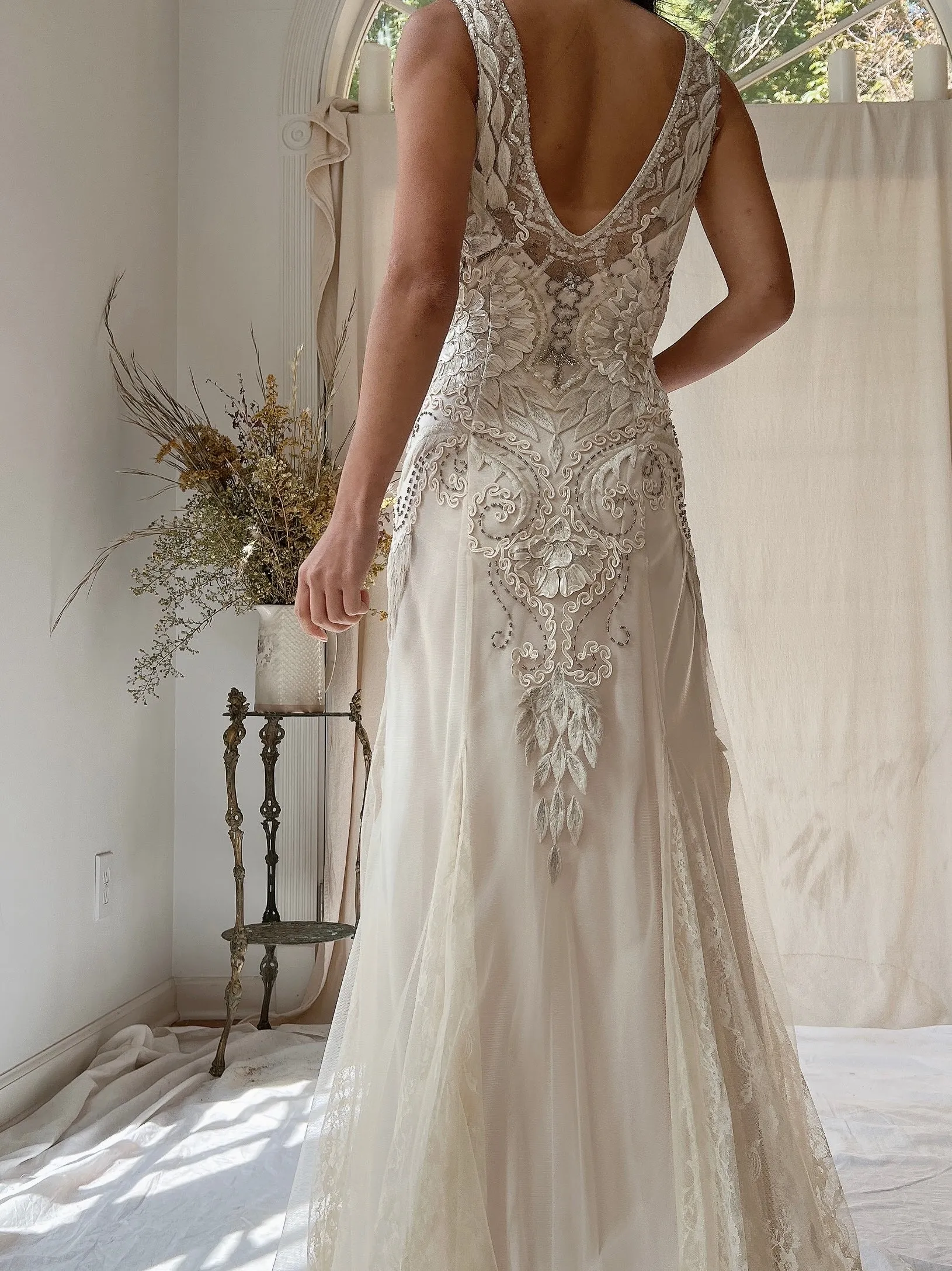 Vintage Embroidered Silk and Tulle Gown - S/4