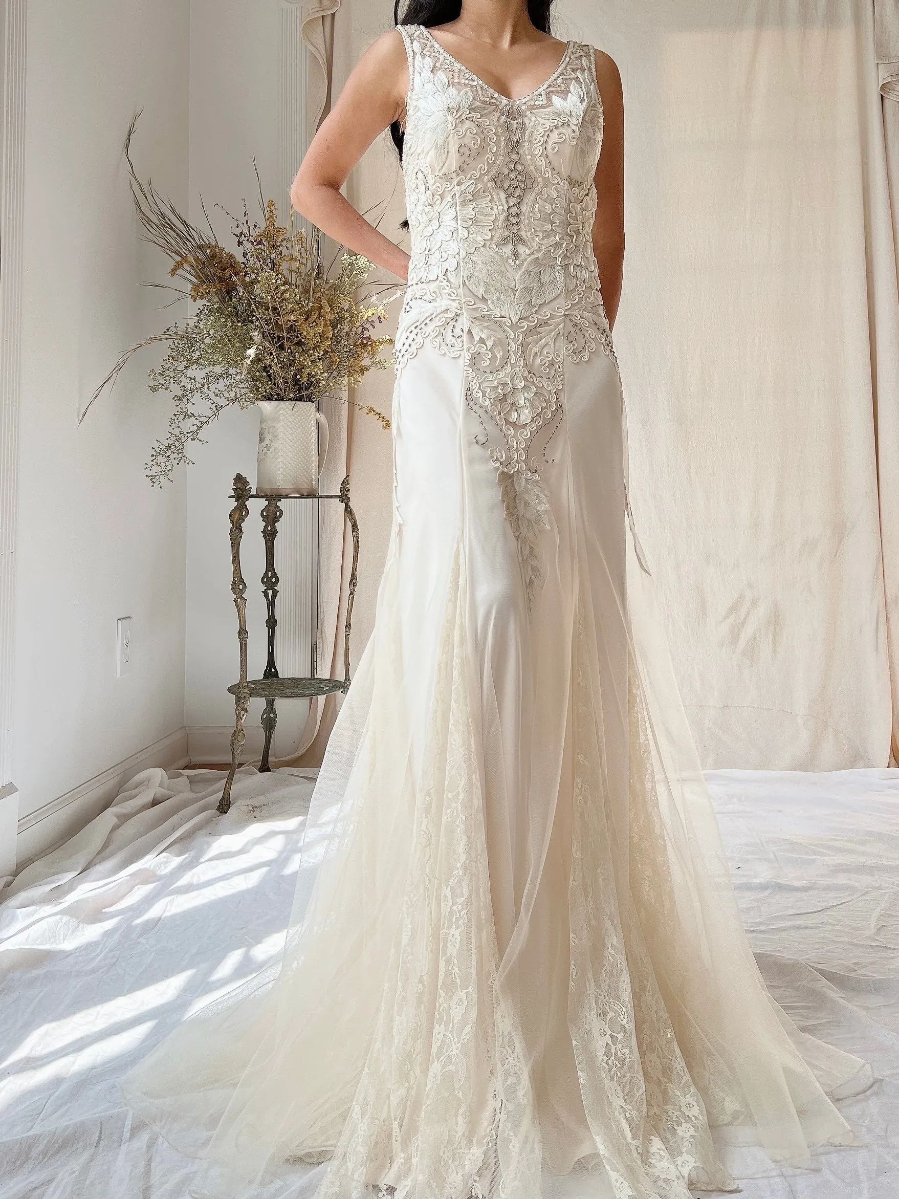 Vintage Embroidered Silk and Tulle Gown - S/4