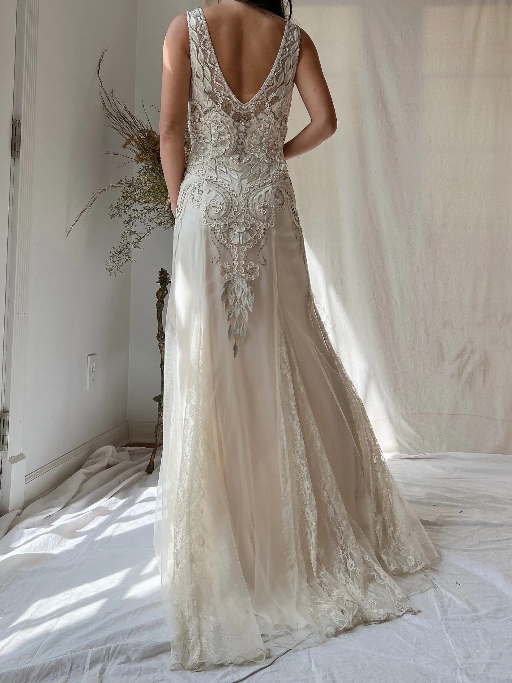 Vintage Embroidered Silk and Tulle Gown - S/4