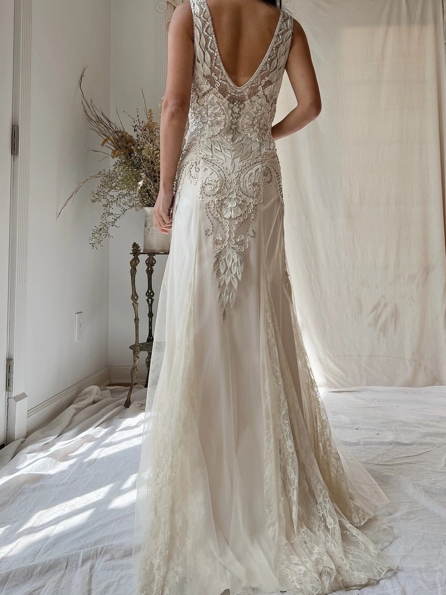 Vintage Embroidered Silk and Tulle Gown - S/4