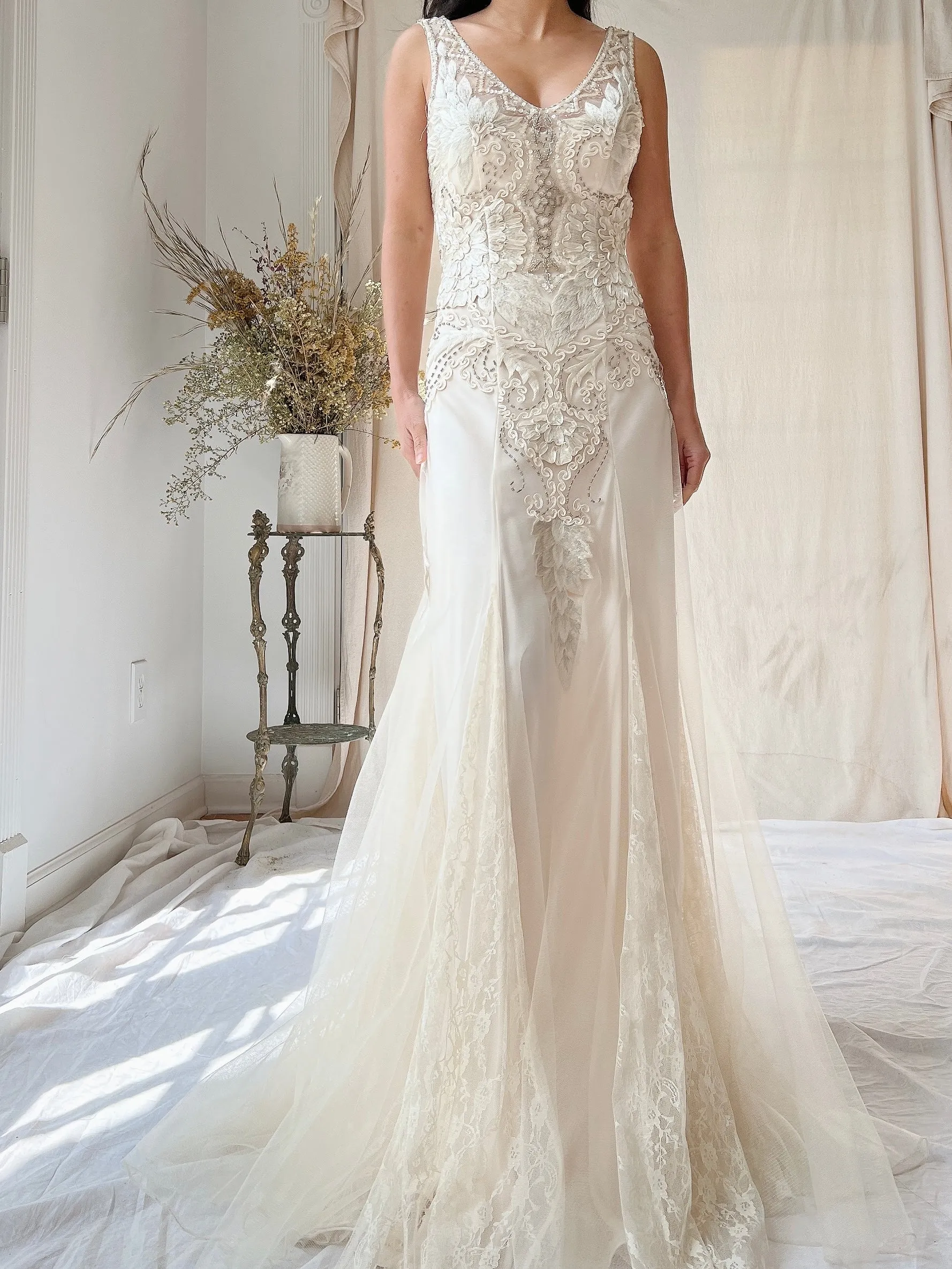 Vintage Embroidered Silk and Tulle Gown - S/4