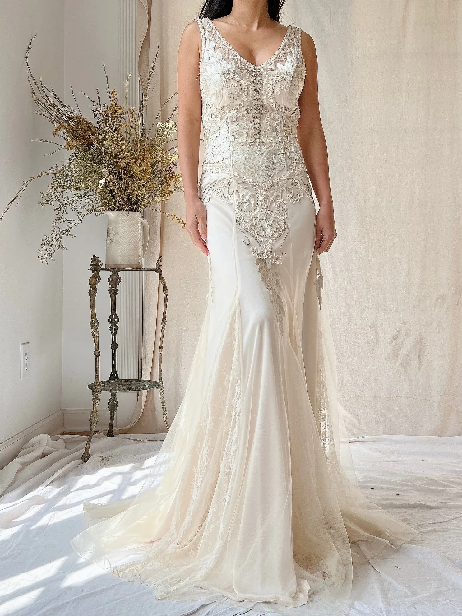Vintage Embroidered Silk and Tulle Gown - S/4