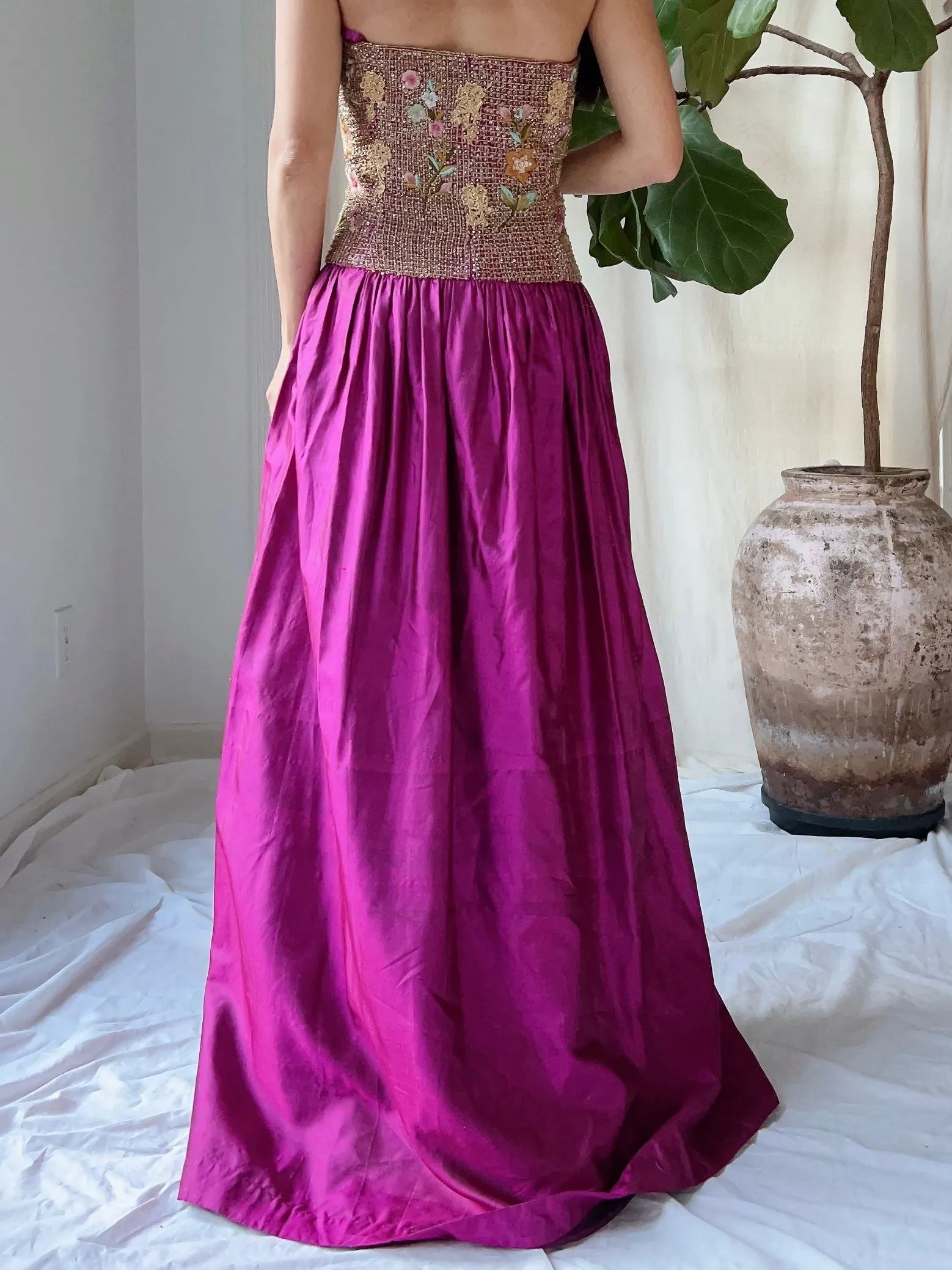 Vintage Embroidered Silk Dress - M