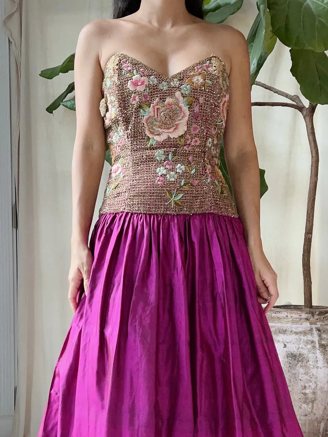 Vintage Embroidered Silk Dress - M