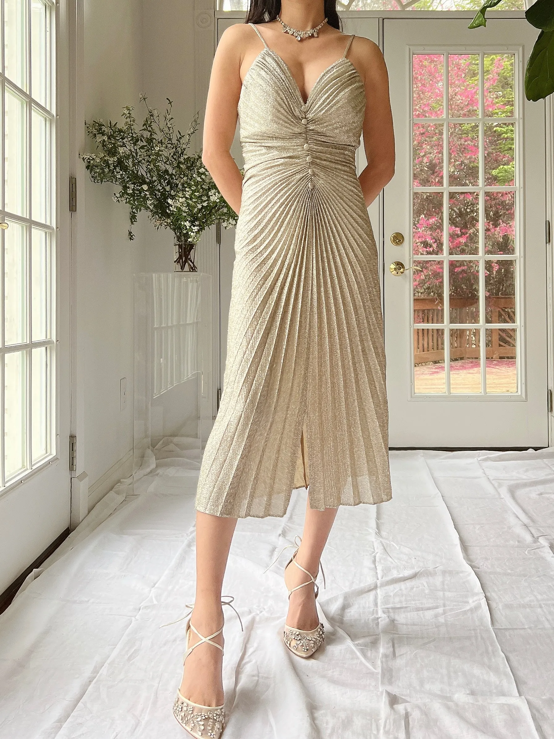 Vintage Light Gold Lurex Pleated Dress - S