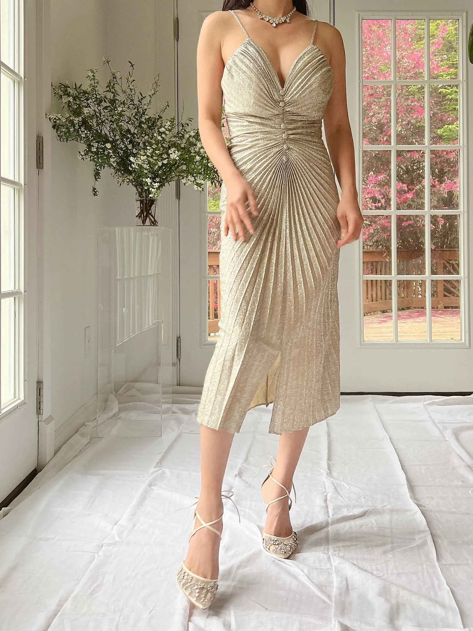 Vintage Light Gold Lurex Pleated Dress - S