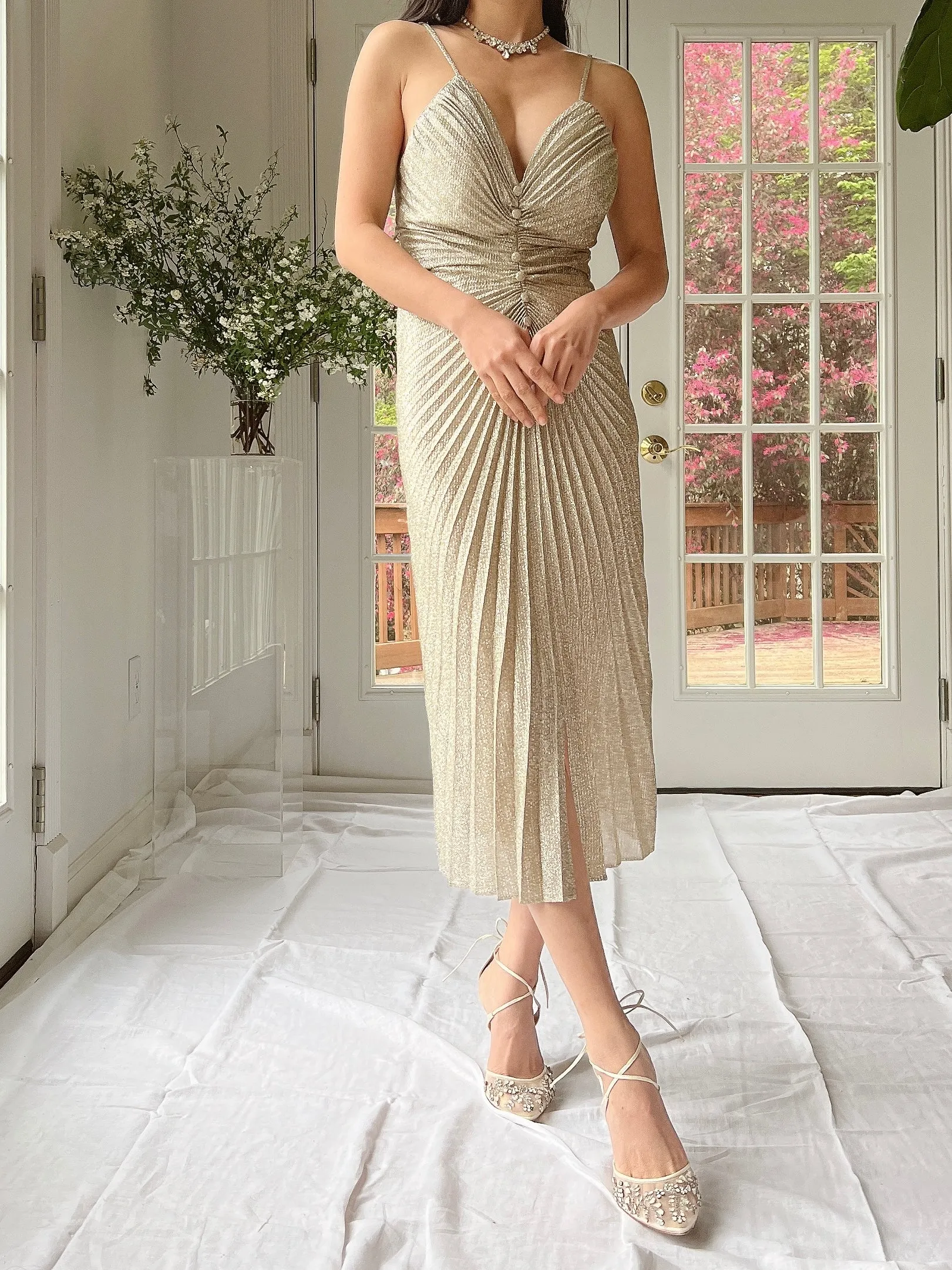 Vintage Light Gold Lurex Pleated Dress - S