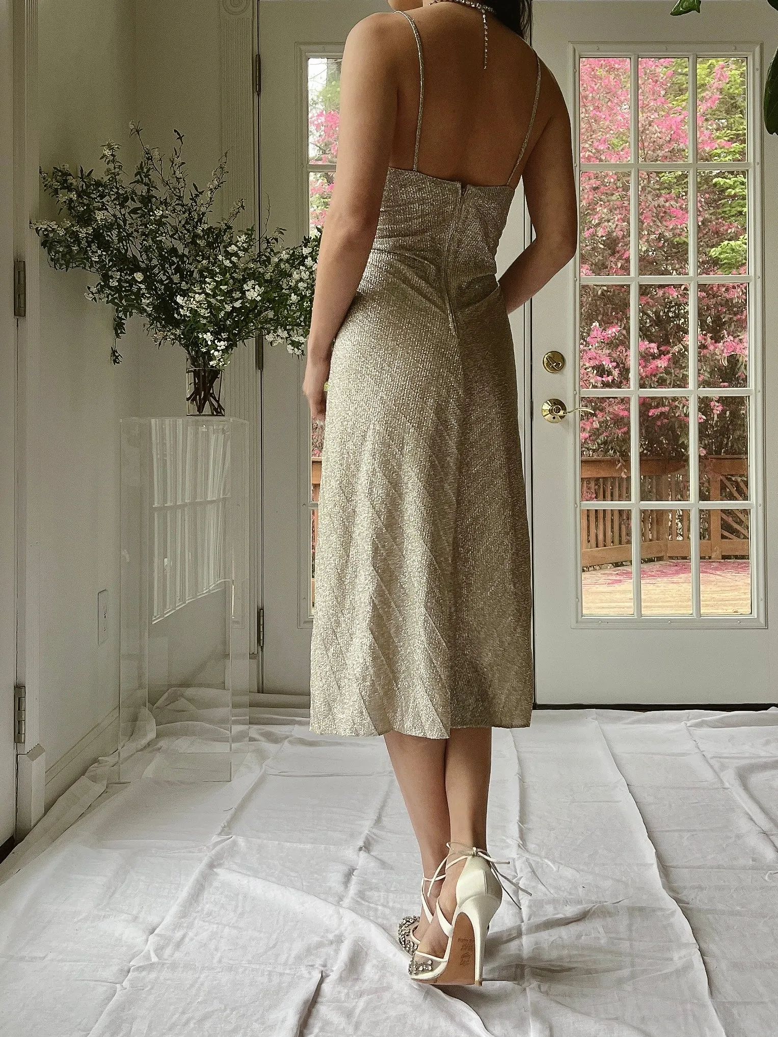 Vintage Light Gold Lurex Pleated Dress - S