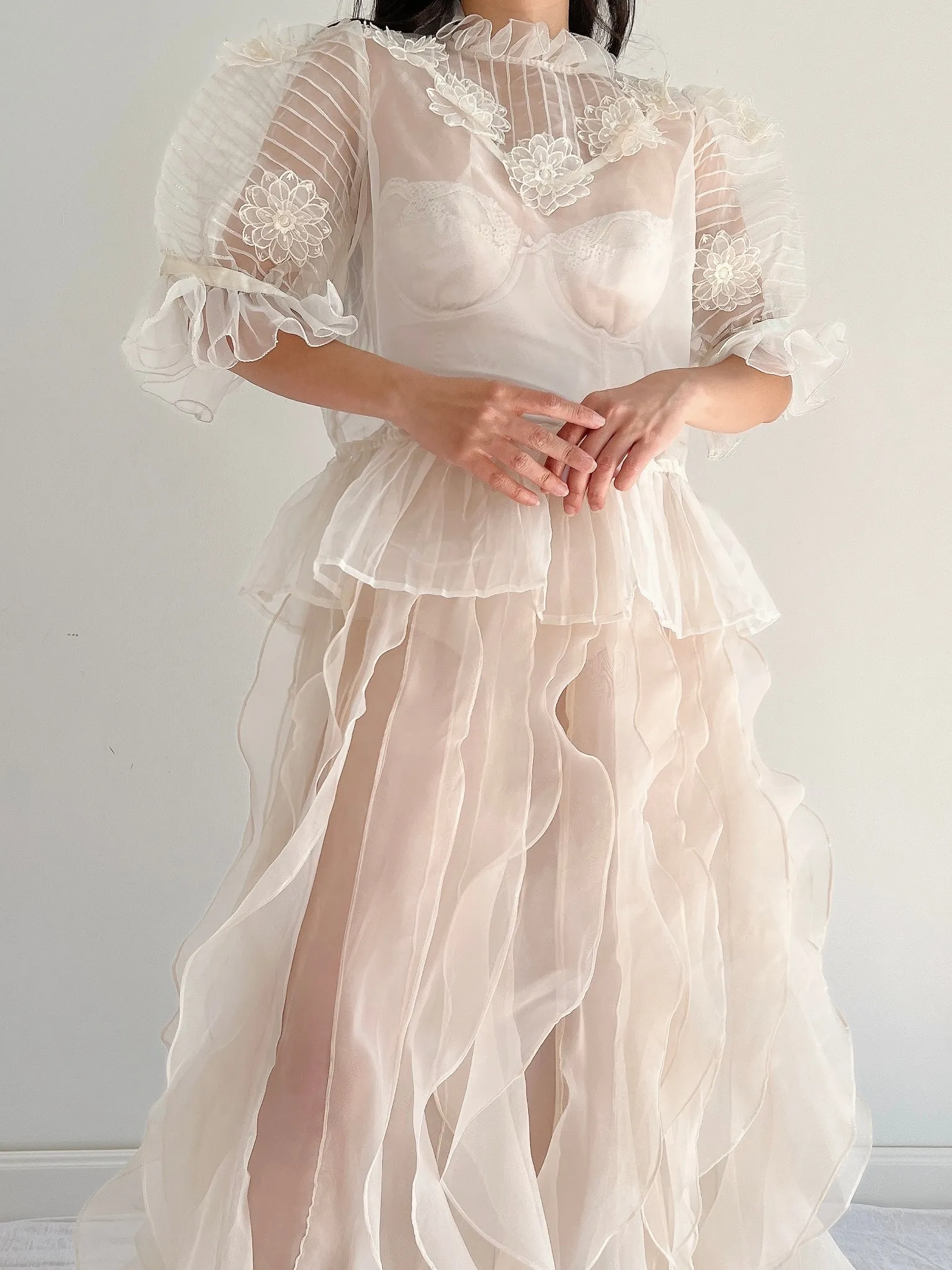 Vintage Organza Puff Sleeve Top - M