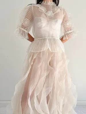 Vintage Organza Puff Sleeve Top - M