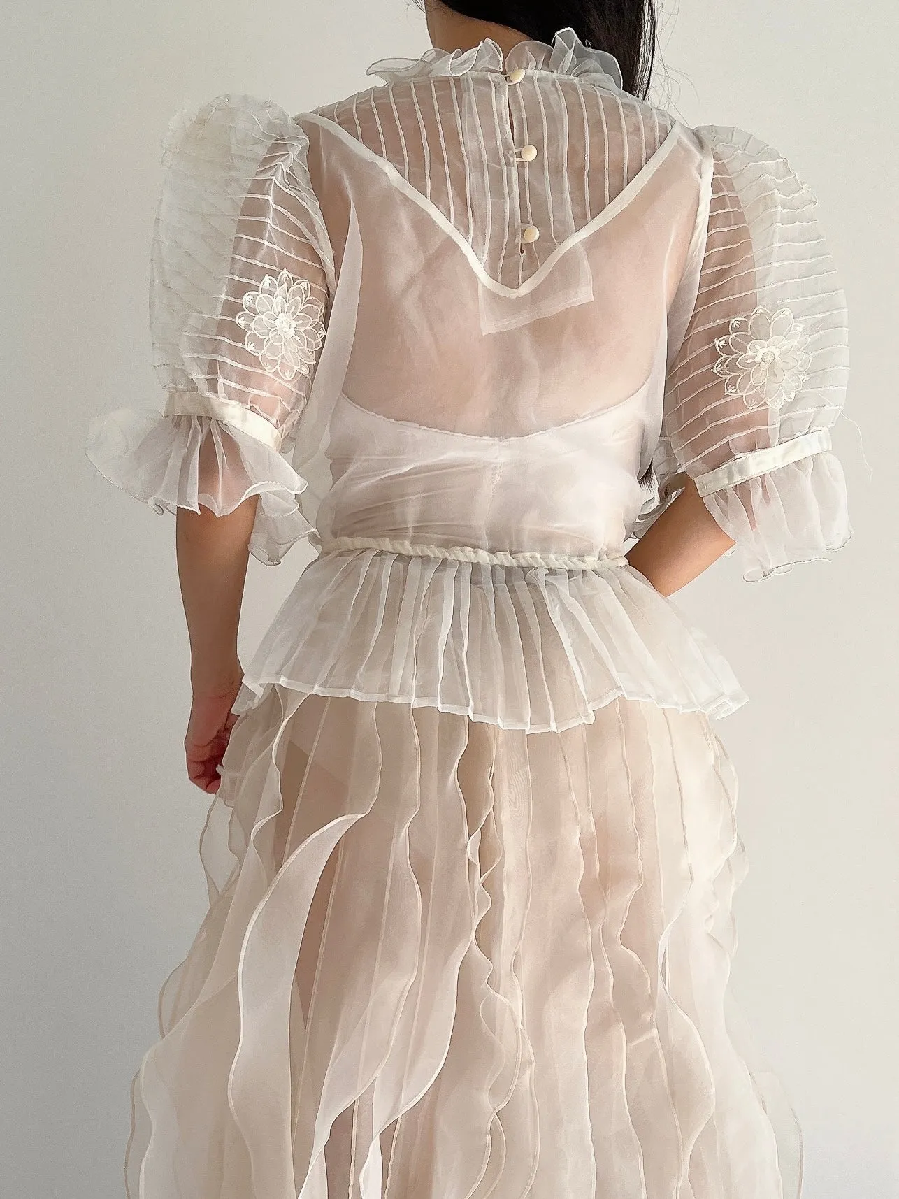 Vintage Organza Puff Sleeve Top - M