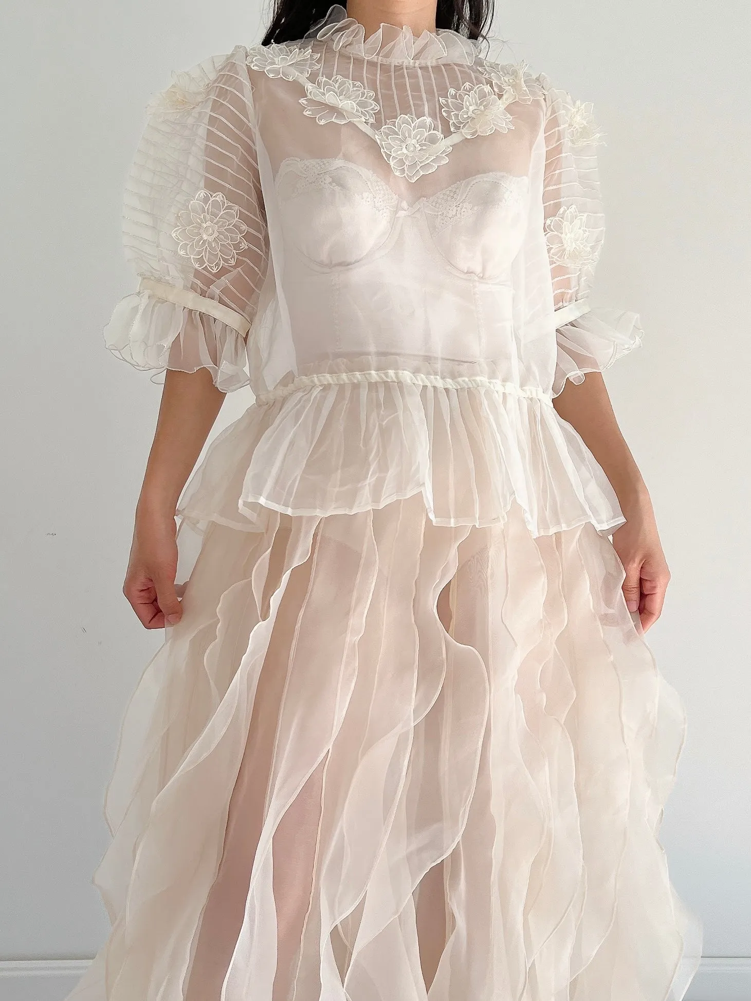 Vintage Organza Puff Sleeve Top - M