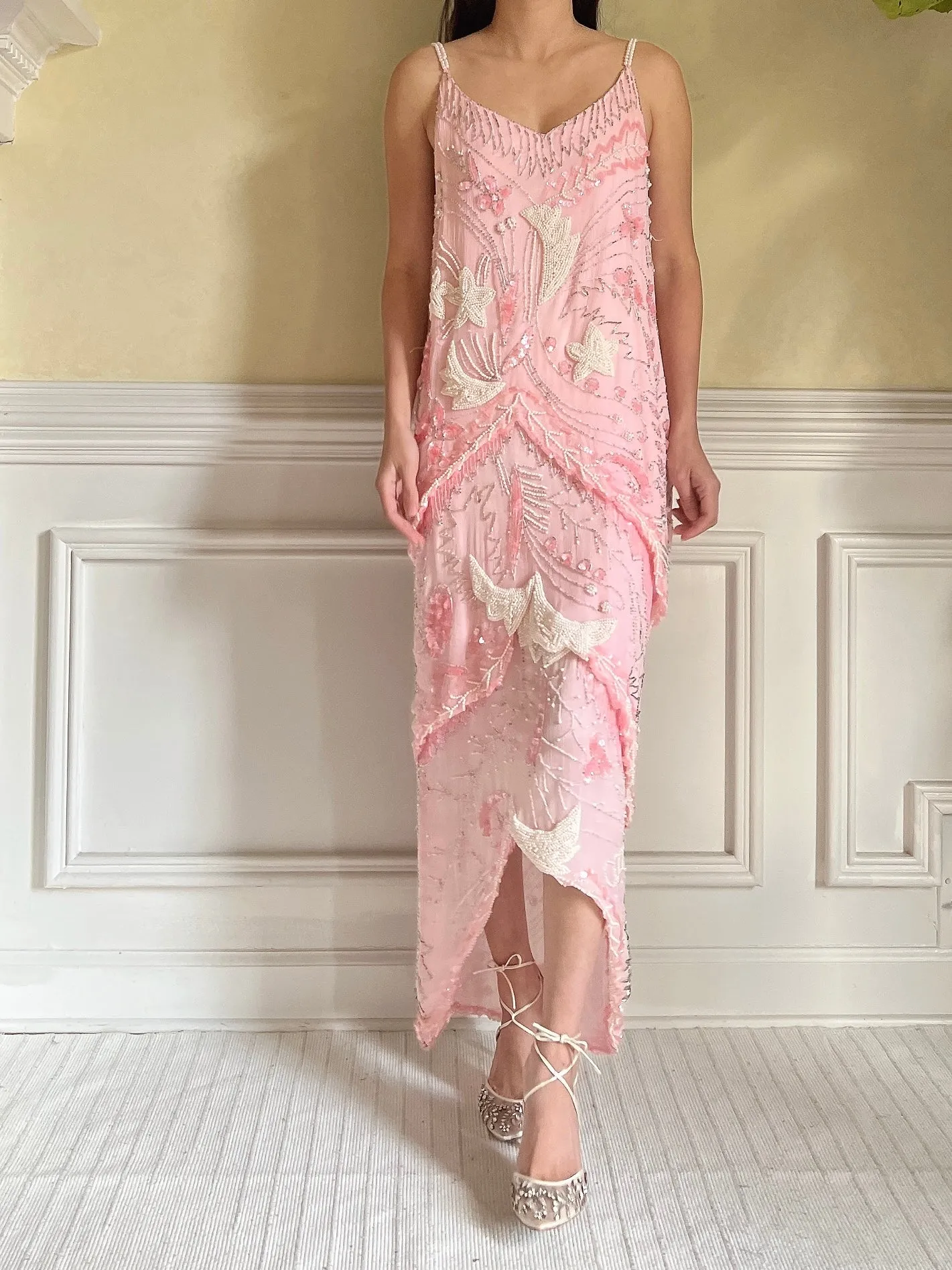Vintage Pink Silk Beaded Dress - S-M