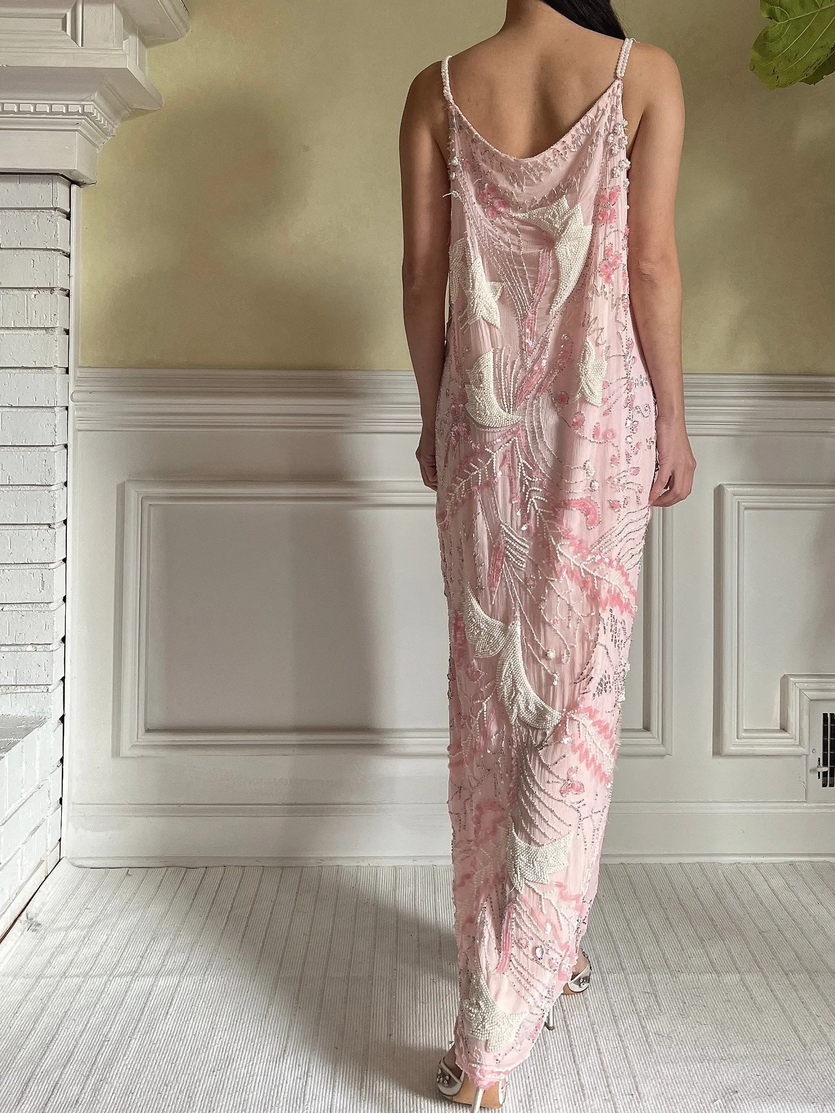 Vintage Pink Silk Beaded Dress - S-M