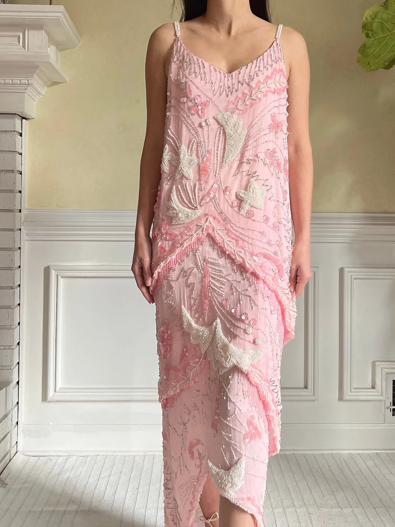 Vintage Pink Silk Beaded Dress - S-M