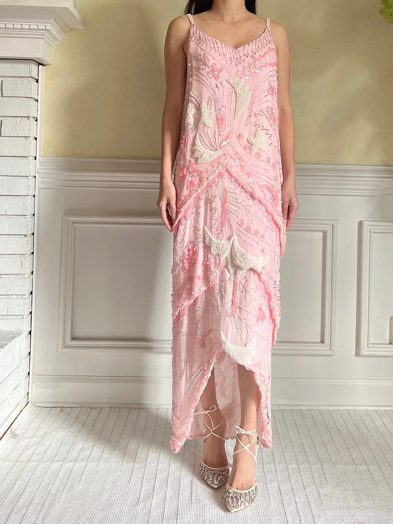 Vintage Pink Silk Beaded Dress - S-M