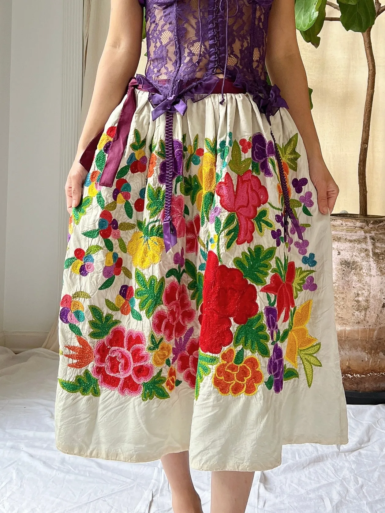 Vintage Rayon Embroidered Skirt - S/M