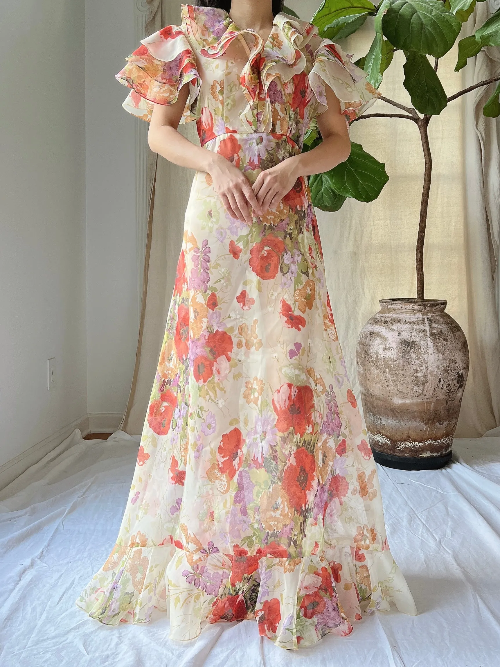 Vintage Ruffle Voile Dress - S
